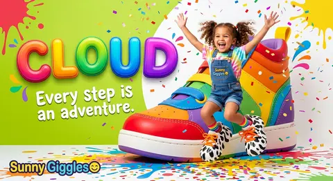 Bright, color-splashed children’s footwear campaign for `Sunny Giggles☺️`, featu - AI生成图片 2