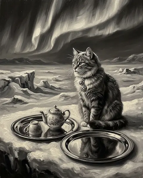 A hushed still life of a tea-house cat poised beside two gleaming polished-chrom - AI生成图片 2