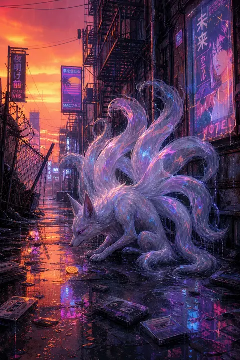 A melancholic nine-tailed fox spirit crouched in a rain-soaked back alley of cor - AI生成图片 1