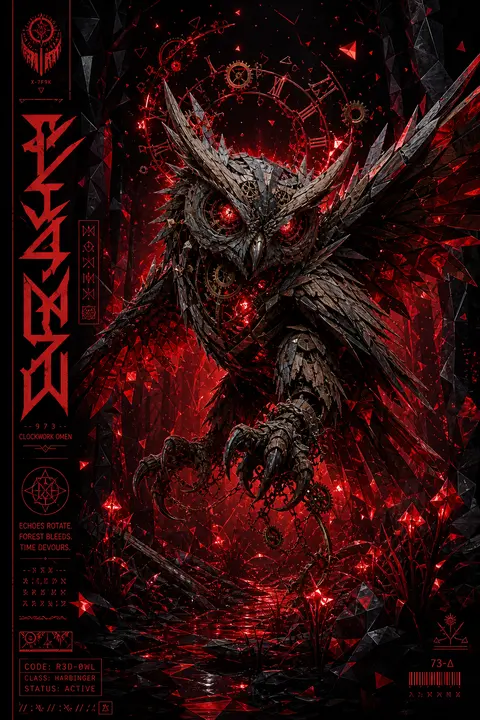 A hyper-detailed vertical key art poster featuring a clockwork owl as the centra - AI生成图片 1