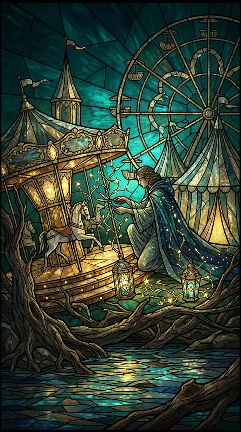 A midnight carnival rises from a riverbank of weathered driftwood, rendered as a - AI生成图片 1