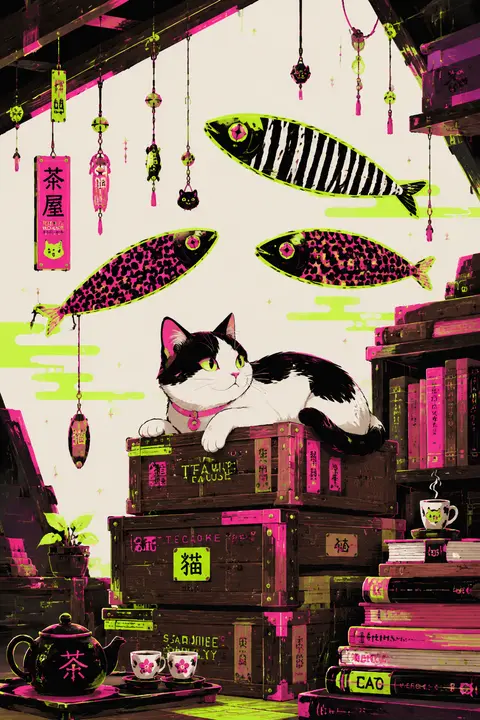 Minimalist cyberpunk neon illustration of a tea-house cat lounging atop stacked - AI生成图片 2