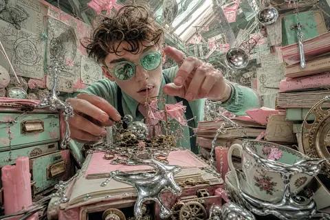 Surrealist photo collage of a young tinkering inventor in a cozy cluttered attic - AI生成图片 1