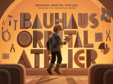 Bauhaus geometric poster of a young tinkering inventor drifting through a tranqu - AI生成图片 2