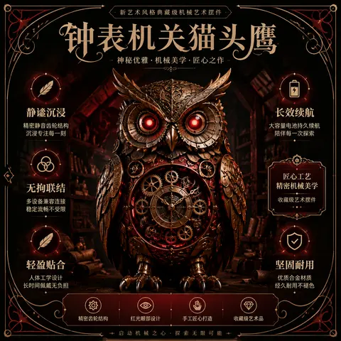 电商主图设计，一只钟表机关猫头鹰作为核心产品化身，静立于温暖却诡谲的阁楼藏书室中央，羽片由锤纹铜打造，机械关节精密繁复，眼部发出幽暗红光，整体以新艺术风海报构图 - AI生成图片 1