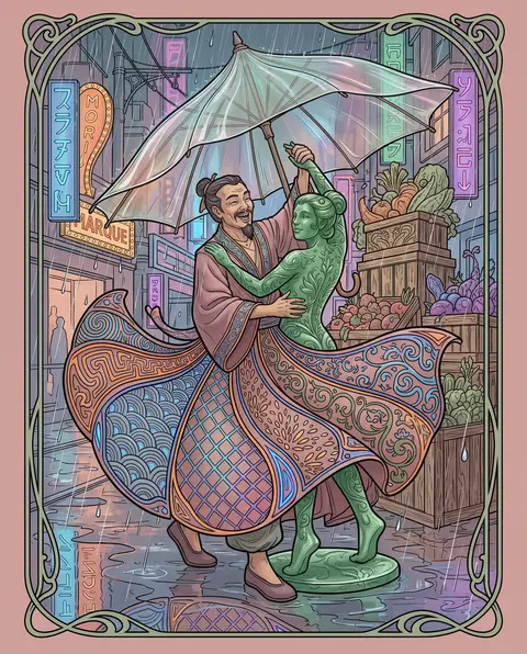 Whimsical art nouveau poster of a laughing fruit vendor twirling beneath a trans - AI生成图片 1