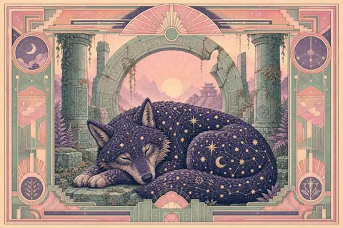 A solitary wolf woven from midnight constellations rests silently inside ancient - AI生成图片 1