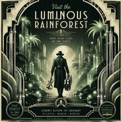 A lone street fiddler drifts through a midnight rainforest of glowing spores and - AI生成图片 2
