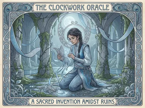 An art nouveau poster of a young tinkering inventor kneeling within ancient moss - AI生成图片 2