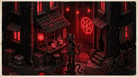 超宽幅21:7等距微缩场景海报，一条被暴雨反复冲刷的狭窄后巷宛如秘密祭坛，整体以极致高反差黑色与血红色构成，几乎无中间色；画面中央是一只经营深夜茶寮的玄色猫掌柜 - AI生成图片 2