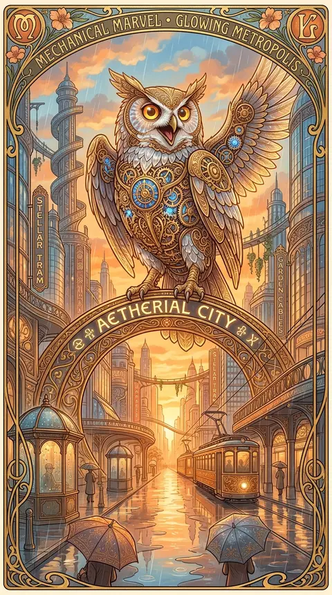 A jubilant clockwork owl towers at the center of a rain-slick neon megacity boul - AI生成图片 2