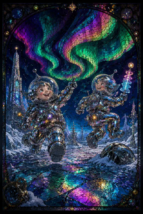 A playful stained-glass mosaic poster of twin astronaut explorers gleefully boun - AI生成图片 1