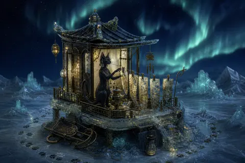 an enigmatic tea-house cat with elongated silhouette and brass charm earrings, p - AI生成图片 1