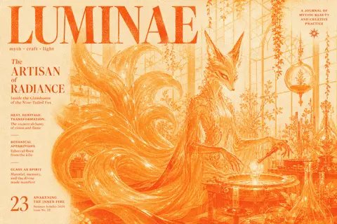 Editorial cover art of a mythical nine-tailed fox spirit poised within a radiant - AI生成图片 3