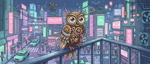 a clockwork owl perched on a rain-slick balcony rail in a towering neon megacity - AI生成图片 1