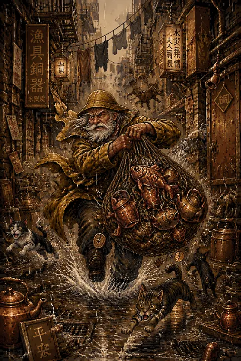 Vertical 16-bit pixel art tableau of an elderly fisherman bursting through a rai - AI生成图片 2
