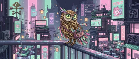 a clockwork owl perched on a rain-slick balcony rail in a towering neon megacity - AI生成图片 2