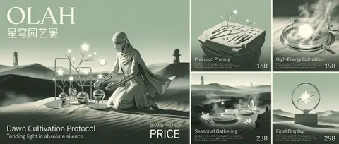 一位照料群星的天穹园丁伫立于黎明荒漠，将发光星种修剪、移植、编排成一块超高端五联画品牌海报；严格保留版式结构：左侧一块巨大主视觉面板，右侧四块小面板组成精确2x - AI生成图片 2