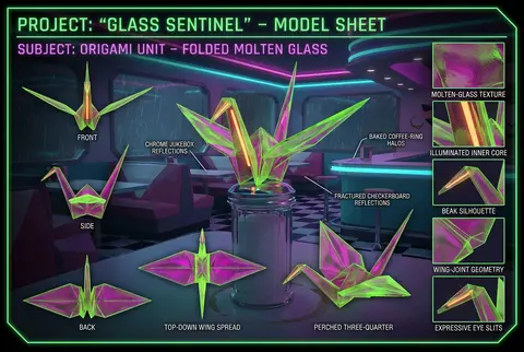 Character sheet for a sentient origami paper crane in a 1950s retro diner, desig - AI生成图片 2