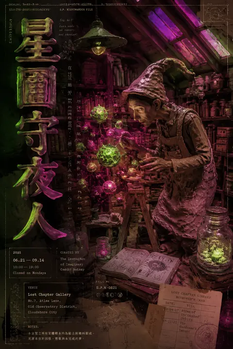 竖版海报构图，一间温暖却略显凌乱的阁楼藏书室被改造成宇宙苗圃：倾斜屋顶下堆满旧书、天文图册、抽屉柜、铜制小灯、缠线望远镜零件与玻璃罐，中央偏右是一位虚构的“星圃 - AI生成图片 1