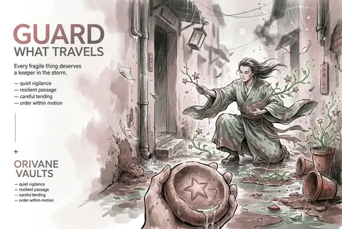 9:16 竖版高端广告海报，虚构品牌“Orivane Vaults”，彻底脱离科技发布会语境，改为一幅充满张力的东方水墨商业艺术画面：暴雨后的狭窄后巷，地面满是 - AI生成图片 2