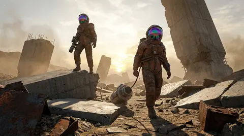 Two twin astronaut explorers stride across a colossal dawn desert of shattered m - AI生成图片 1