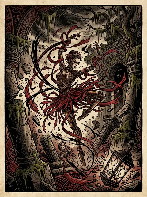 A mechanical prima ballerina in woven silk ribbons whirling through ancient moss - AI生成图片 2