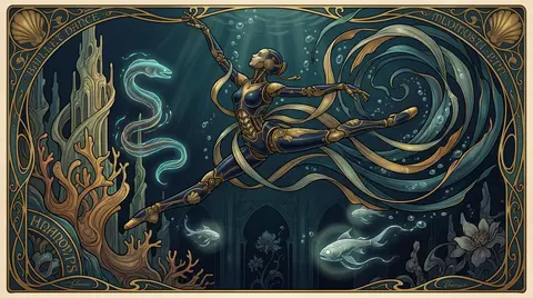 A towering robotic ballet dancer suspended above a lightless ocean trench, poise - AI生成图片 2