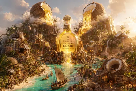 Epic surreal advertising artwork featuring a lavish bottle of `Solara Isle Cocon - AI生成图片 2