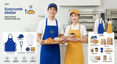 品牌 VI 工装版式展板，烘焙店 `Suncrumb Atelier` 全套视觉物料展示，明亮克莱因蓝与暖蜂蜜黄高对比主色，干净高级的 ins 风商业品牌设计主 - AI生成图片 2