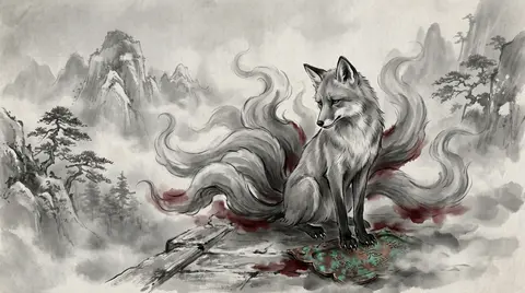 A melancholic fox deity with nine smoke-like tails, rendered in traditional ink - AI生成图片 2