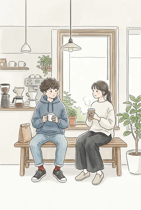 日系手绘插画风，极简细线稿结合淡彩晕染，低饱和莫兰迪色调，轻微纸张纹理，整体温柔治愈、安静松弛，带一点文艺气息。室内咖啡角落为主体，竖幅居中构图，大面积留白，柔 - AI生成图片 2