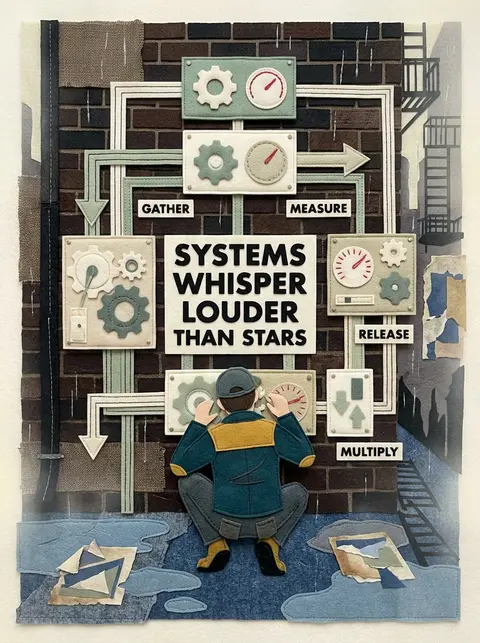 A bauhaus geometric poster of a young tinkering inventor crouched in a rain-dren - AI生成图片 3