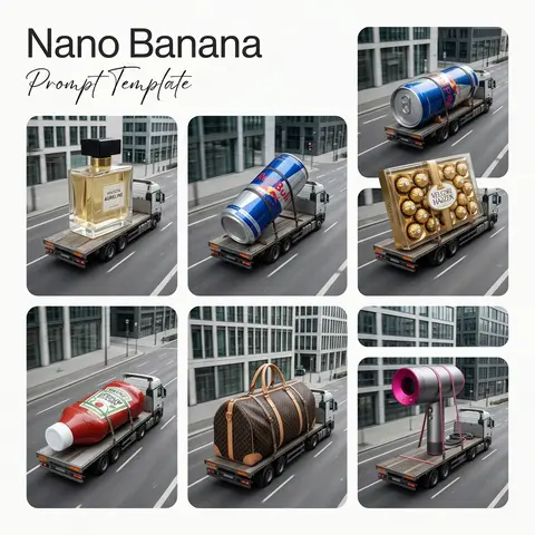 一张极简纯白海报版式的拼贴视觉，左上角排版标题“Nano Banana”，副标题为手写感“Prompt Template”，整体像顶级AI创意作品展示板与高端杂 - AI生成图片 2