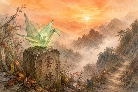 a living origami paper crane perched on a weathered milestone along a fog-shroud - AI生成图片 2