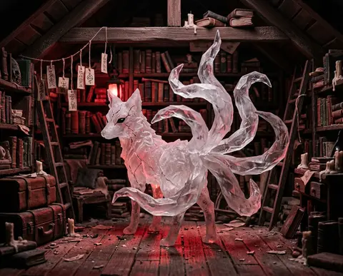 A mysterious nine-tailed fox spirit composed of frosted crystal stands amid a cr - AI生成图片 1