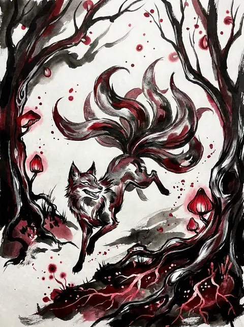 A mischievous nine-tailed fox spirit springs through a bioluminescent midnight g - AI生成图片 2
