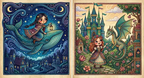 Two whimsical folk-art illustrations in a modern fairy-tale aesthetic, rendered - AI生成图片 1