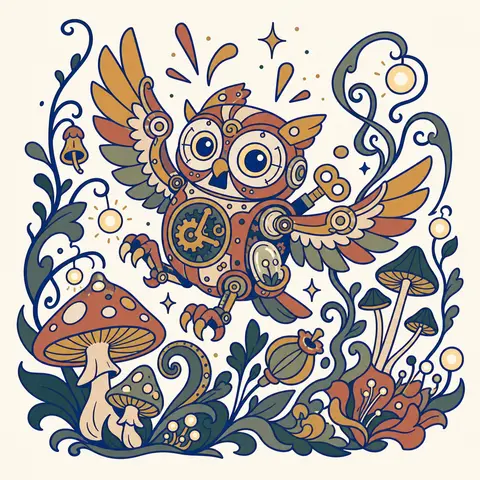 Minimalist vector doodle illustration of a clockwork owl in a bioluminescent nig - AI生成图片 2