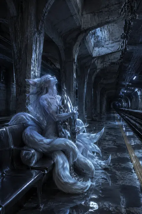 mythical nine-tailed fox spirit with a lean, androgynous silhouette, translucent - AI生成图片 2