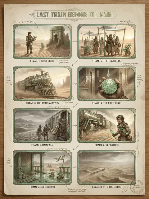 Premium Hollywood storyboard sheet, 8 cinematic panels, titled "LAST TRAIN BEFOR - AI生成图片 4