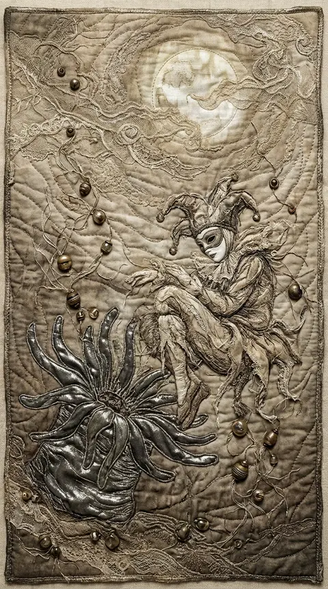 A masked carnival acrobat suspended in the crushing stillness of a lightless oce - AI生成图片 2