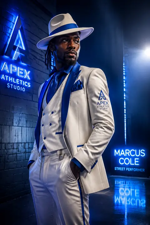 A cinematic, high-detail portrait of street performer Marcus Cole in a tailored - AI生成图片 2