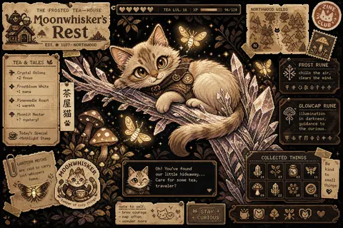 a playful 16-bit pixel art tea-house cat curled on a frost-crusted crystal branc - AI生成图片 1