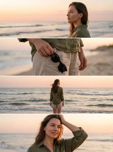 Ultra-realistic DSLR cinematic beach photoshoot collage featuring the same young - AI生成图片 1