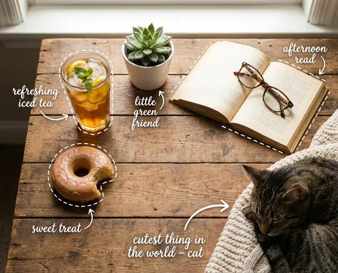 Top-down flat lay on a rustic wooden table, cozy aesthetic, soft natural light. - AI生成图片 2