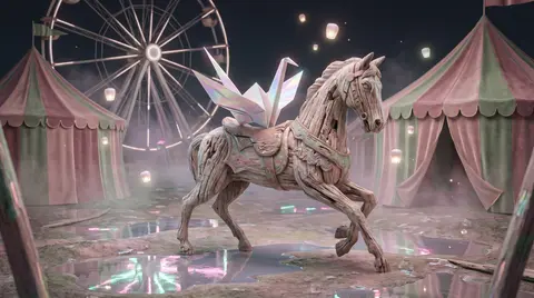 An awakened origami paper crane poised atop a weathered driftwood carousel horse - AI生成图片 2