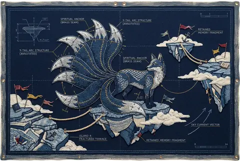 A melancholic blueprint schematic of a mythical nine-tailed fox spirit on floati - AI生成图片 2