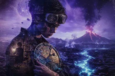 双重曝光摄影，电光紫外与青蓝主调；十六岁的短发发明学徒伊洛，戴着裂纹护目镜和焦黑围裙，独自伫立在黑曜石熔渣平原与远处喷发火山之间，怀里抱着一枚手工铆接的锤纹铜机 - AI生成图片 2