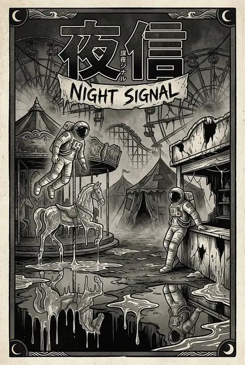 Twin astronaut explorers drifting through a midnight carnival of rusted rides an - AI生成图片 2